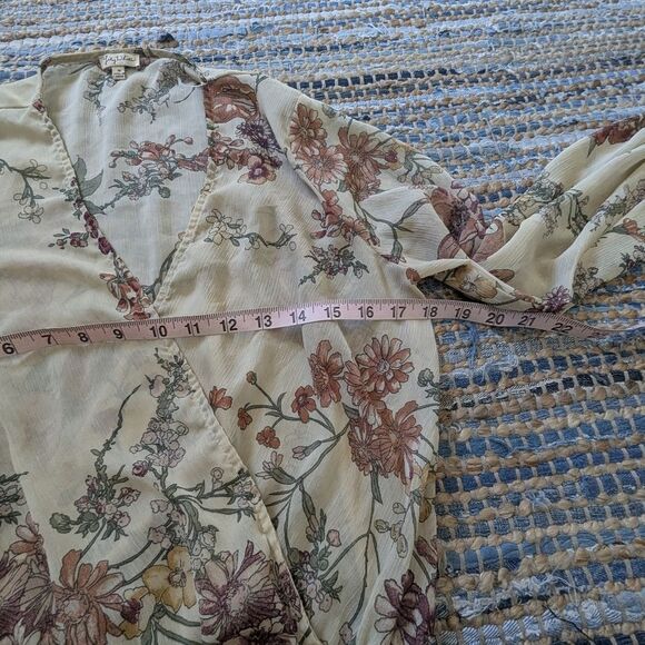 Chiffon Blouse L/S Brown Floral True Wrap Peplum Vneck M Coquette Fairy Grunge - Picture 5 of 6